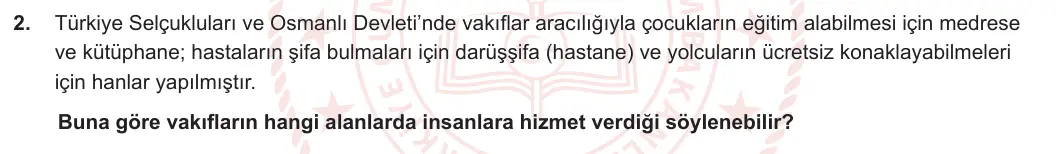 7. Sınıf Sosyal Bilgiler 2023-2024 2. Dönem 2. Yazılı 1. Bölüm 2. Soru görseli