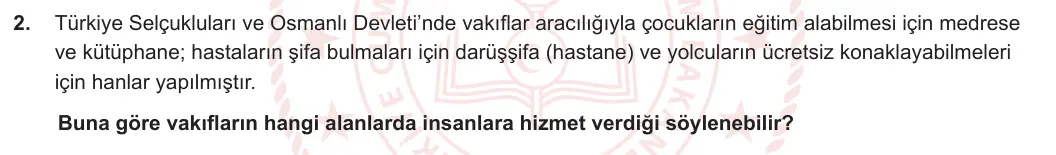 7. Sınıf Sosyal Bilgiler 2023-2024 2. Dönem 2. Yazılı 2. Bölüm 2. Soru görseli