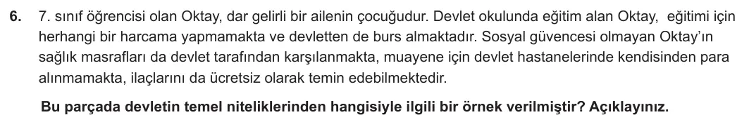 7. Sınıf Sosyal Bilgiler 2023-2024 2. Dönem 2. Yazılı 2. Bölüm 6. Soru görseli