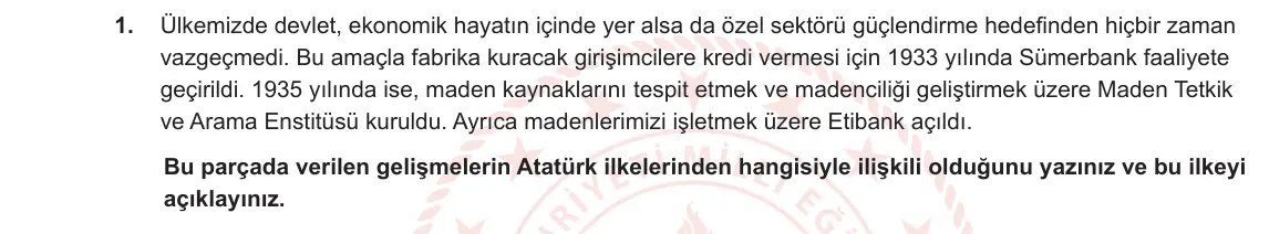 8. Sınıf T.C. İnkılap Tarihi ve Atatürkçülük 2023-2024 2. Dönem 2. Yazılı 1. Bölüm 1. Soru görseli