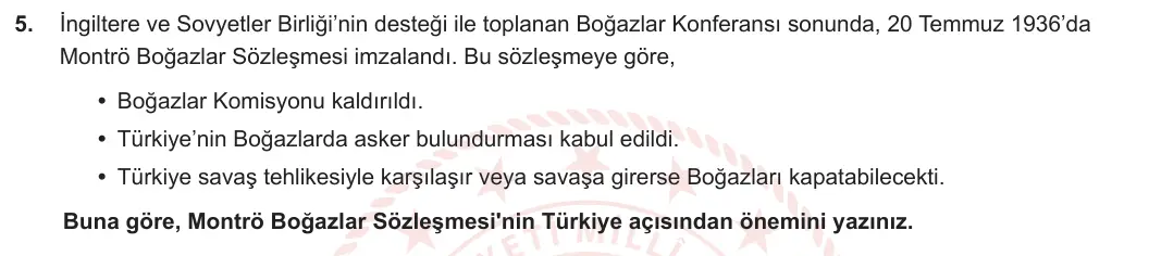 8. Sınıf T.C. İnkılap Tarihi ve Atatürkçülük 2023-2024 2. Dönem 2. Yazılı 1. Bölüm 5. Soru görseli