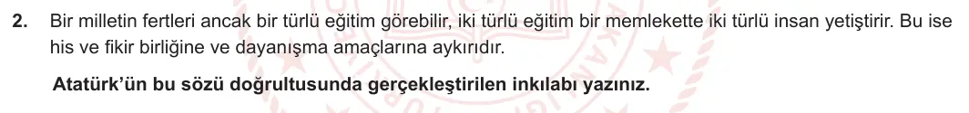 8. Sınıf T.C. İnkılap Tarihi ve Atatürkçülük 2023-2024 2. Dönem 2. Yazılı 2. Bölüm 2. Soru görseli