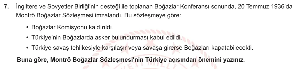 8. Sınıf T.C. İnkılap Tarihi ve Atatürkçülük 2023-2024 2. Dönem 2. Yazılı 2. Bölüm 7. Soru görseli