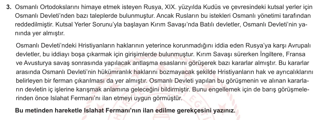 11. Sınıf Tarih 2023-2024 2. Dönem 2. Yazılı 1. Bölüm 3. Soru görseli (1/2)