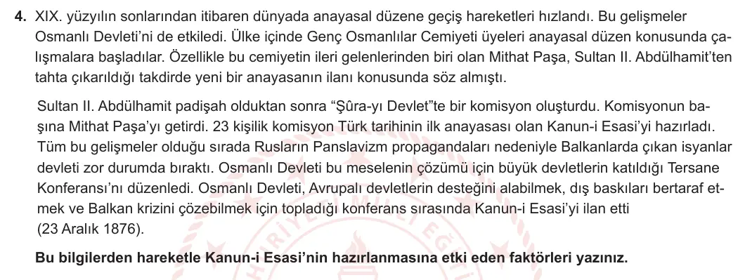 11. Sınıf Tarih 2023-2024 2. Dönem 2. Yazılı 1. Bölüm 4. Soru görseli