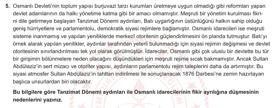 11. Sınıf Tarih 2023-2024 2. Dönem 2. Yazılı 1. Bölüm 5. Soru görseli (1/2)