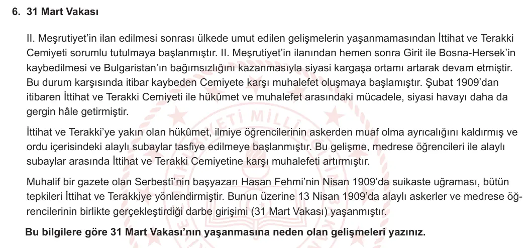 11. Sınıf Tarih 2023-2024 2. Dönem 2. Yazılı 1. Bölüm 6. Soru görseli (1/2)