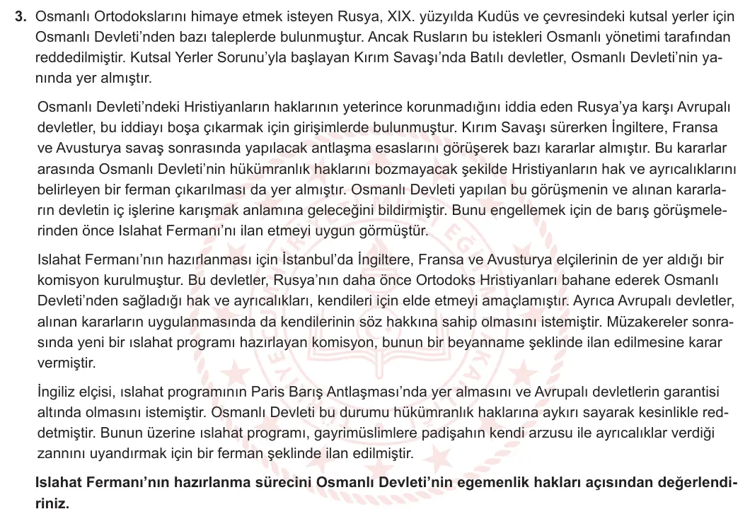11. Sınıf Tarih 2023-2024 2. Dönem 2. Yazılı 2. Bölüm 3. Soru görseli