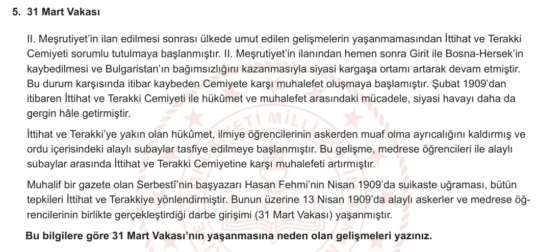 11. Sınıf Tarih 2023-2024 2. Dönem 2. Yazılı 2. Bölüm 5. Soru görseli