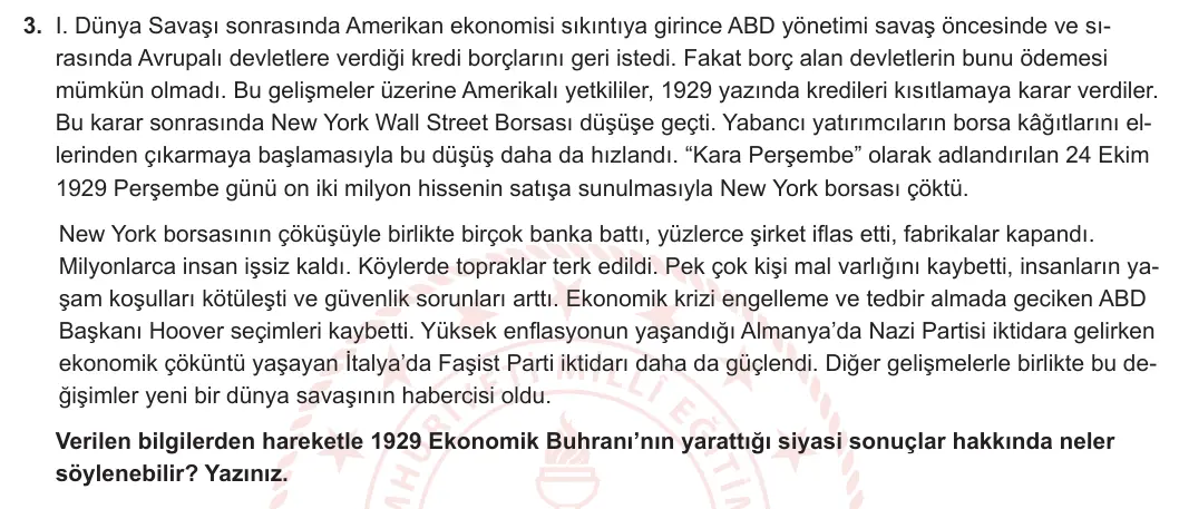 12. Sınıf T.C. İnkılap Tarihi ve Atatürkçülük 2023-2024 2. Dönem 2. Yazılı 1. Bölüm 3. Soru görseli