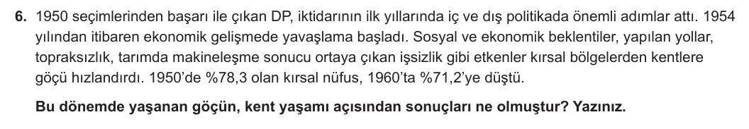 12. Sınıf T.C. İnkılap Tarihi ve Atatürkçülük 2023-2024 2. Dönem 2. Yazılı 1. Bölüm 6. Soru görseli