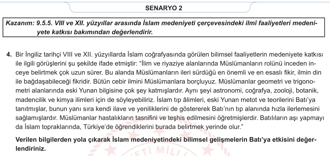 9. Sınıf Tarih 2023-2024 2. Dönem 2. Yazılı 2. Bölüm 3. Soru görseli (2/2)