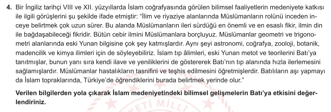 9. Sınıf Tarih 2023-2024 2. Dönem 2. Yazılı 2. Bölüm 4. Soru görseli (1/2)