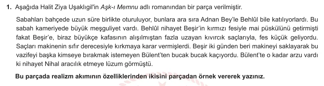 10. Sınıf Türk Dili ve Edebiyatı 2023-2024 2. Dönem 2. Yazılı 1. Bölüm 1. Soru görseli