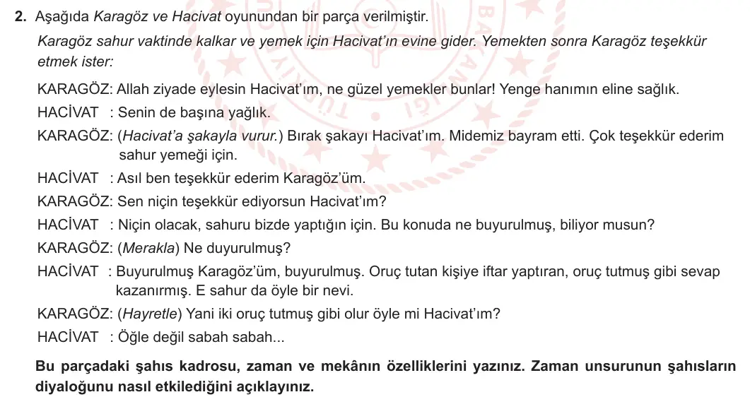 10. Sınıf Türk Dili ve Edebiyatı 2023-2024 2. Dönem 2. Yazılı 1. Bölüm 2. Soru görseli