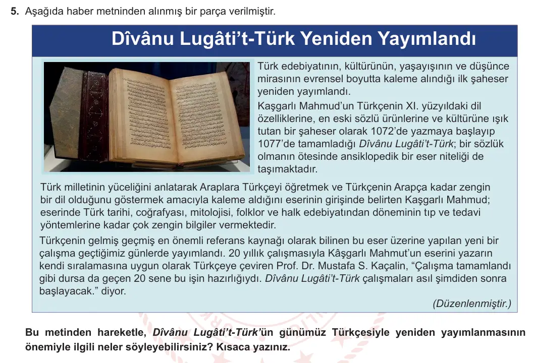 10. Sınıf Türk Dili ve Edebiyatı 2023-2024 2. Dönem 2. Yazılı 1. Bölüm 5. Soru görseli