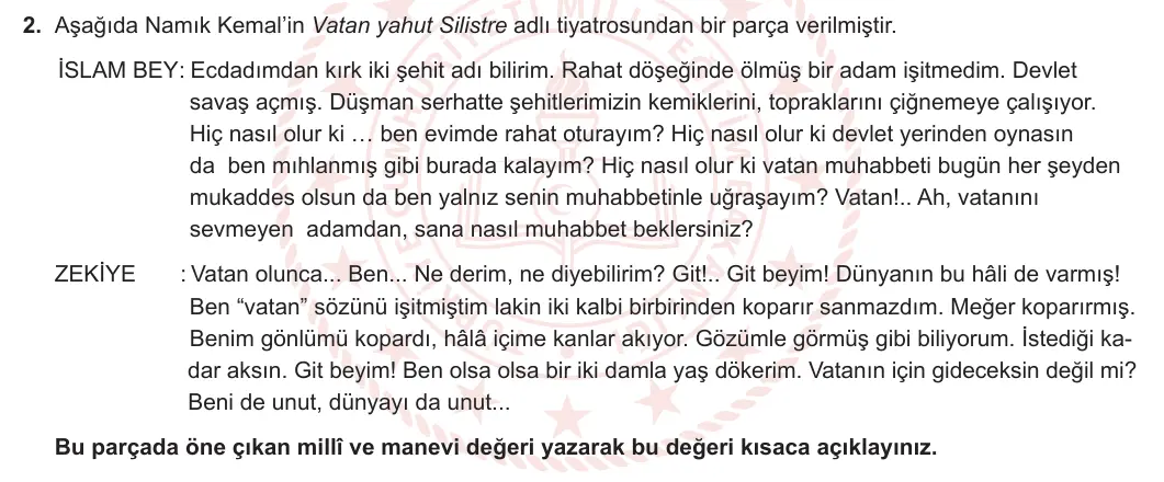 10. Sınıf Türk Dili ve Edebiyatı 2023-2024 2. Dönem 2. Yazılı 2. Bölüm 2. Soru görseli