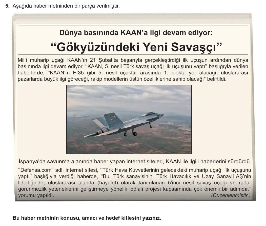 10. Sınıf Türk Dili ve Edebiyatı 2023-2024 2. Dönem 2. Yazılı 2. Bölüm 5. Soru görseli