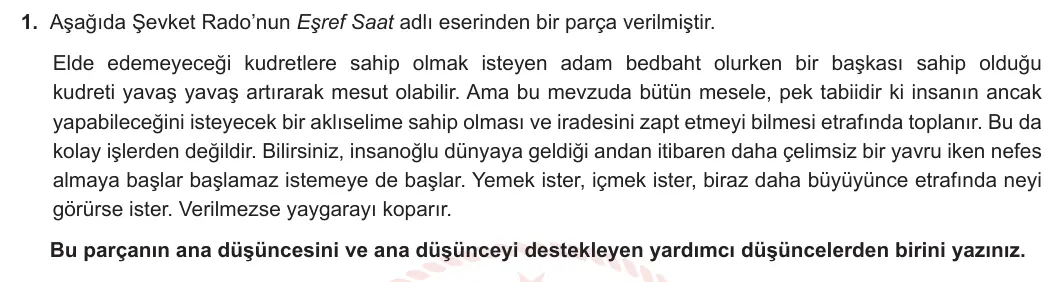 11. Sınıf Türk Dili ve Edebiyatı 2023-2024 2. Dönem 2. Yazılı 1. Bölüm 1. Soru görseli