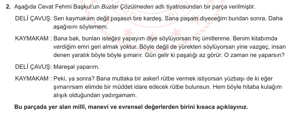 11. Sınıf Türk Dili ve Edebiyatı 2023-2024 2. Dönem 2. Yazılı 1. Bölüm 2. Soru görseli