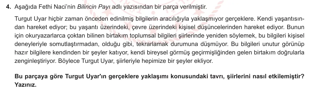 11. Sınıf Türk Dili ve Edebiyatı 2023-2024 2. Dönem 2. Yazılı 1. Bölüm 4. Soru görseli