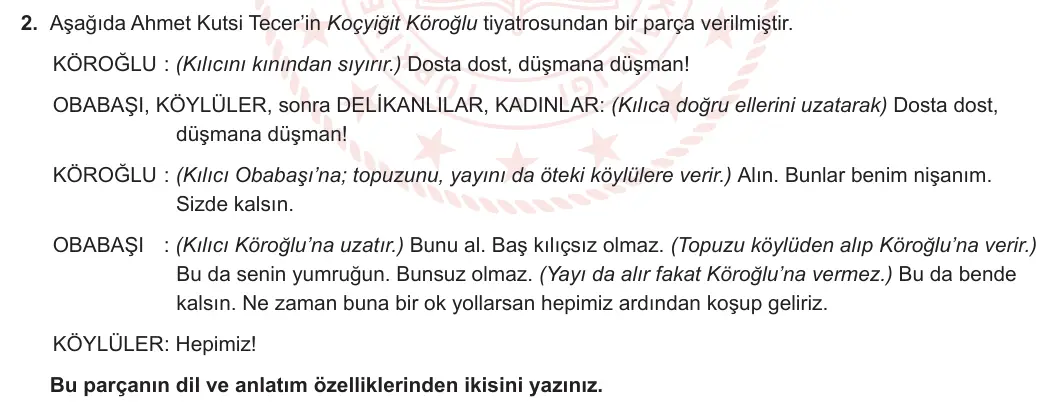 11. Sınıf Türk Dili ve Edebiyatı 2023-2024 2. Dönem 2. Yazılı 2. Bölüm 2. Soru görseli