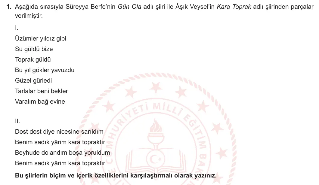 12. Sınıf Türk Dili ve Edebiyatı 2023-2024 2. Dönem 2. Yazılı 1. Bölüm 1. Soru görseli