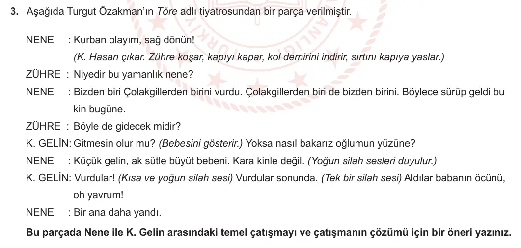 12. Sınıf Türk Dili ve Edebiyatı 2023-2024 2. Dönem 2. Yazılı 1. Bölüm 3. Soru görseli