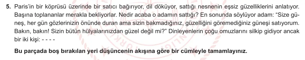 12. Sınıf Türk Dili ve Edebiyatı 2023-2024 2. Dönem 2. Yazılı 1. Bölüm 5. Soru görseli