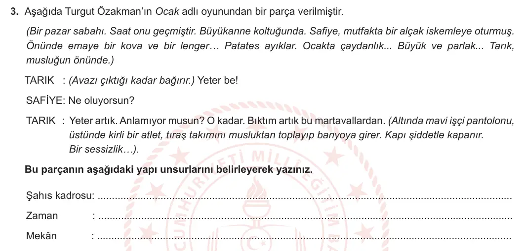 12. Sınıf Türk Dili ve Edebiyatı 2023-2024 2. Dönem 2. Yazılı 2. Bölüm 3. Soru görseli