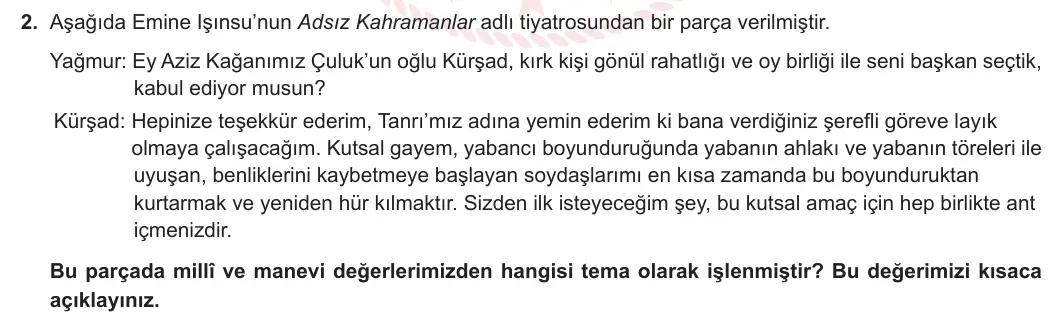9. Sınıf Türk Dili ve Edebiyatı 2023-2024 2. Dönem 2. Yazılı 1. Bölüm 2. Soru görseli