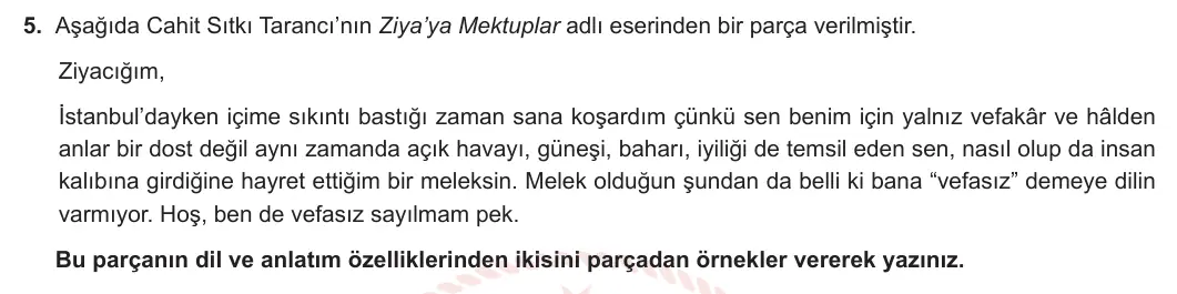 9. Sınıf Türk Dili ve Edebiyatı 2023-2024 2. Dönem 2. Yazılı 1. Bölüm 5. Soru görseli