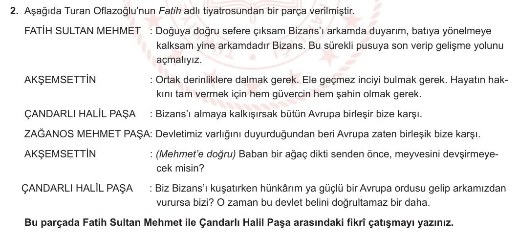 9. Sınıf Türk Dili ve Edebiyatı 2023-2024 2. Dönem 2. Yazılı 2. Bölüm 2. Soru görseli