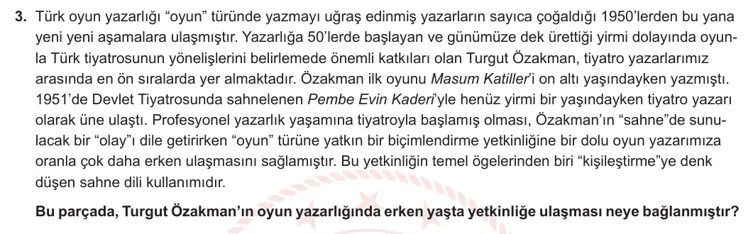9. Sınıf Türk Dili ve Edebiyatı 2023-2024 2. Dönem 2. Yazılı 2. Bölüm 3. Soru görseli