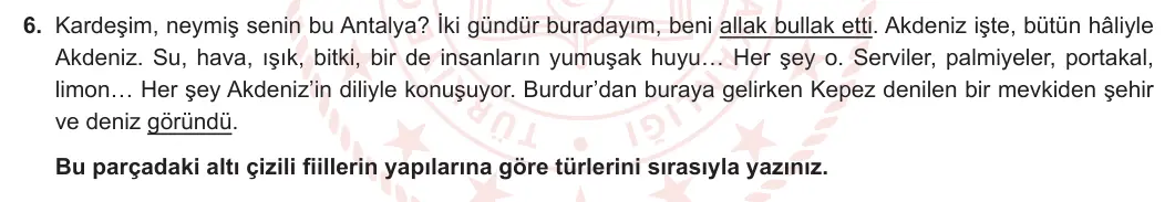 9. Sınıf Türk Dili ve Edebiyatı 2023-2024 2. Dönem 2. Yazılı 2. Bölüm 6. Soru görseli (1/2)