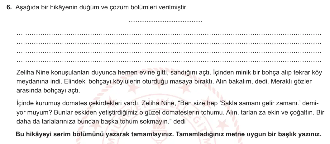 5. Sınıf Türkçe 2023-2024 2. Dönem 2. Yazılı 1. Bölüm 6. Soru görseli