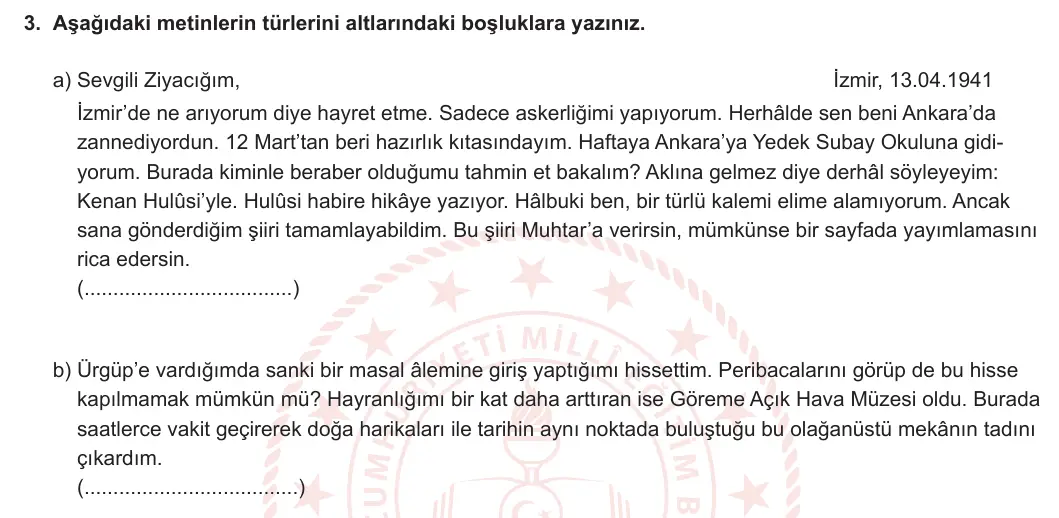 6. Sınıf Türkçe 2023-2024 2. Dönem 2. Yazılı 1. Bölüm 3. Soru (Anka Kuşu Yayınları) görseli