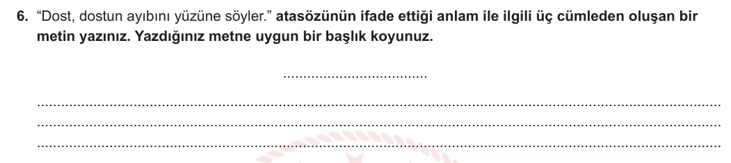 6. Sınıf Türkçe 2023-2024 2. Dönem 2. Yazılı 2. Bölüm 6. Soru (Anka Kuşu Yayınları) görseli