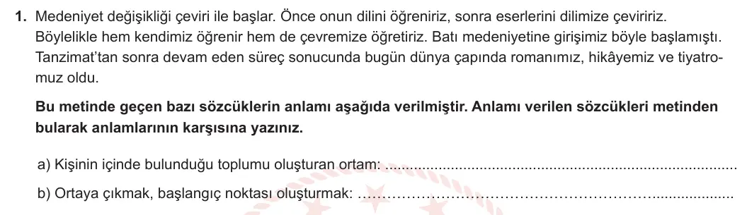 6. Sınıf Türkçe 2023-2024 2. Dönem 2. Yazılı 1. Bölüm 1. Soru (MEB Yayınları) görseli