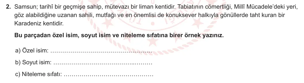 6. Sınıf Türkçe 2023-2024 2. Dönem 2. Yazılı 1. Bölüm 2. Soru (MEB Yayınları) görseli