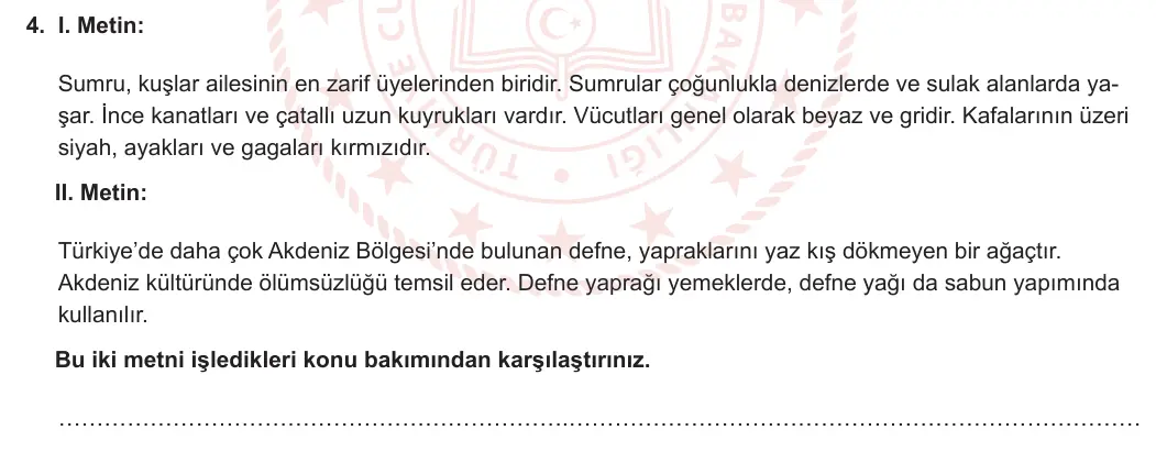 6. Sınıf Türkçe 2023-2024 2. Dönem 2. Yazılı 1. Bölüm 4. Soru (MEB Yayınları) görseli