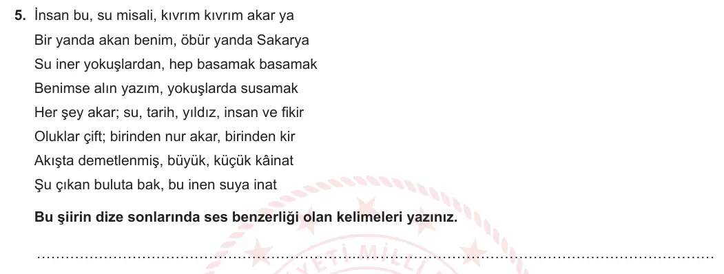 6. Sınıf Türkçe 2023-2024 2. Dönem 2. Yazılı 1. Bölüm 5. Soru (MEB Yayınları) görseli