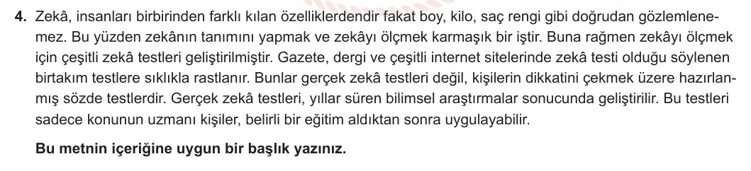 6. Sınıf Türkçe 2023-2024 2. Dönem 2. Yazılı 2. Bölüm 4. Soru (MEB Yayınları) görseli
