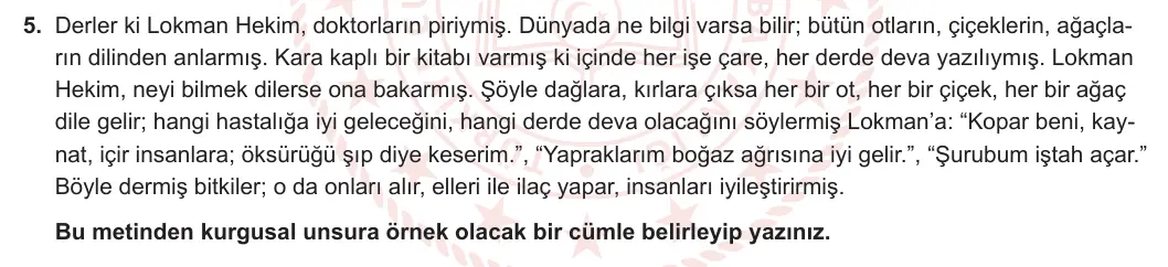 7. Sınıf Türkçe 2023-2024 2. Dönem 2. Yazılı 1. Bölüm 5. Soru görseli