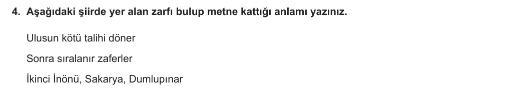 7. Sınıf Türkçe 2023-2024 2. Dönem 2. Yazılı 2. Bölüm 4. Soru görseli
