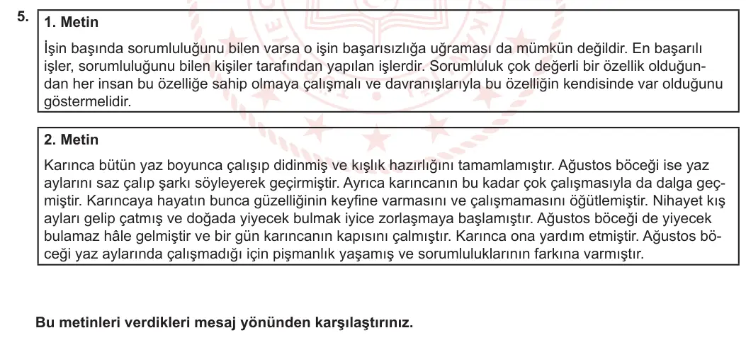 7. Sınıf Türkçe 2023-2024 2. Dönem 2. Yazılı 2. Bölüm 5. Soru görseli