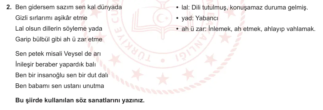 8. Sınıf Türkçe 2023-2024 2. Dönem 2. Yazılı 1. Bölüm 2. Soru (Ferman Yayınları) görseli