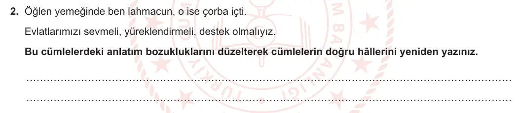8. Sınıf Türkçe 2023-2024 2. Dönem 2. Yazılı 1. Bölüm 2. Soru (MEB Yayınları) görseli