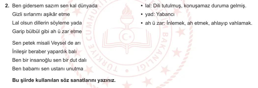 8. Sınıf Türkçe 2023-2024 2. Dönem 2. Yazılı 2. Bölüm 2. Soru (MEB Yayınları) görseli