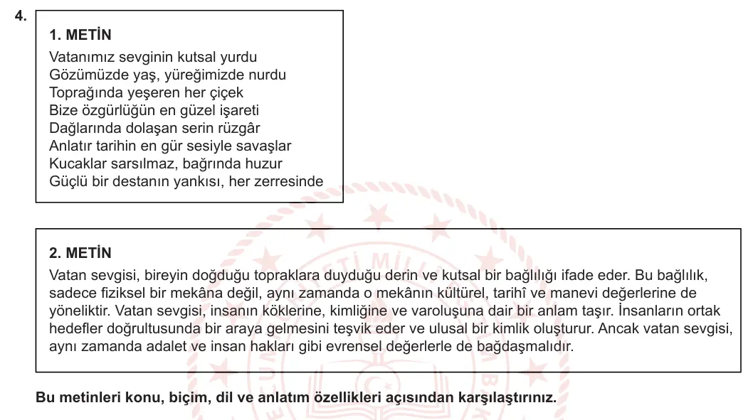 8. Sınıf Türkçe 2023-2024 2. Dönem 2. Yazılı 2. Bölüm 4. Soru (MEB Yayınları) görseli